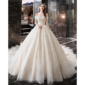 Luxury Ivory Lace Floral Off-Shoulder Empire Wedding Gown