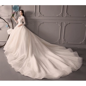 French Retro Hepburn long sleeve A-line wedding Gown