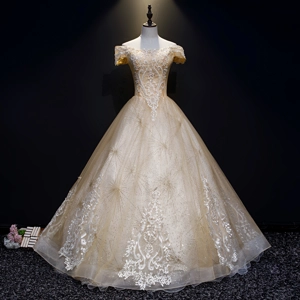 Off-shoulder Floral Pearl Beaded Golden evening gown