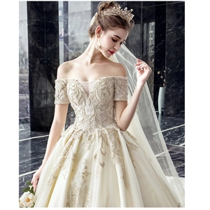 Luxury Beaded Champagne Trailing Empire Wedding Gown