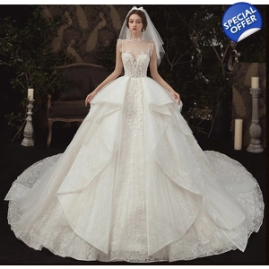 Luxury Full Beaded Ivory Ruffled Wedding Gown