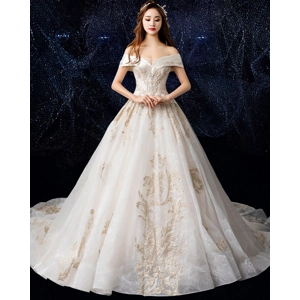 Luxury French Lace Champagne Off-Shoulder A-Line Wedding Dress