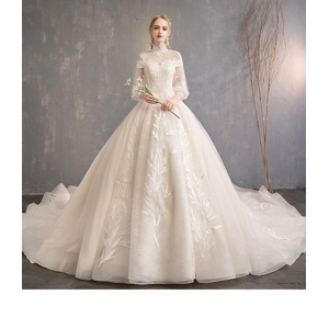 Spring/Summer Retro Jewel Sleeved stand collar Empire wedding dress