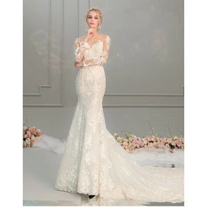 French Lace Floral Hepburn Mermaid wedding dress.