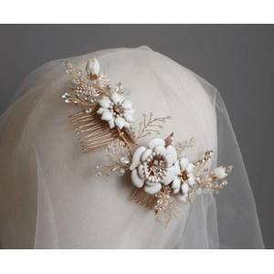 French Porcelain White Floral Rhinestone Bridal Headdress