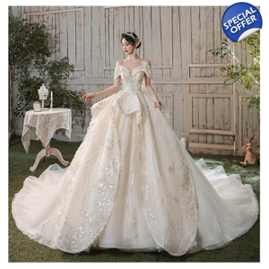 Luxury Champagne Full Beaded Off-Shoulder Empire Wedding G..