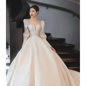 Ivory French Satin Long Sleeve Empire Wedding Gown