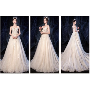 Spring Luxury Full Beaded Sling Trailing A-Line Wedding Dress