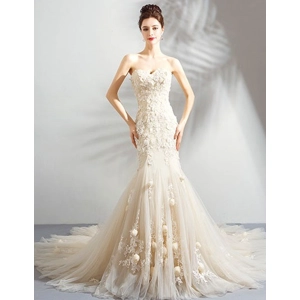 Romantic Lace Fairy Tube Top Rose Fishtail Trailing Mermaid Wedding Dress