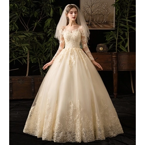 Luxury French Hepburn Long Sleeve Champagne A-Line Wedding Dress