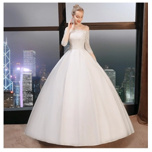 Off-Shoulder Satin Sleeved Princess Wedding Gown