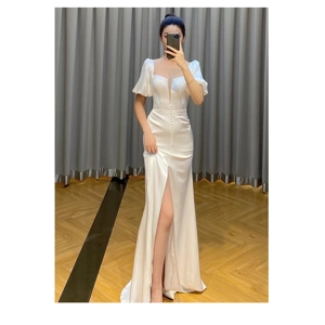 Classic Autumn White Satin Slit A-Line Wedding Dress