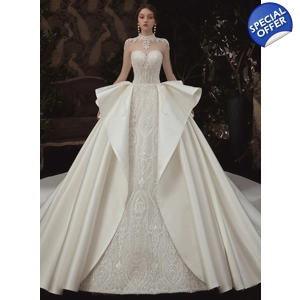 Luxury Royal Pearl Beaded French Satin Wedding Ball Gown