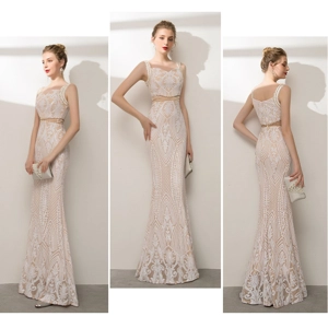French Champagne Sequins Beaded fishtail Wedding Dress