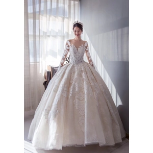 Trailing Retro Lace Long Sleeve Empire Wedding Gown
