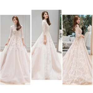 Autumn/Winter Pearl Beaded long Hepburn Train Empire Wedding Dress