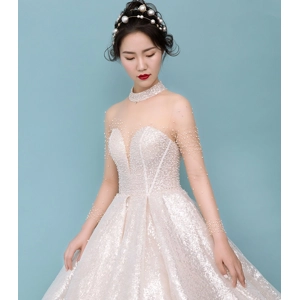 Luxury Full Beaded Pearl Trailing Empire Wedding Dress