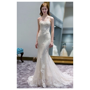 French Tube Top Floral Beaded Mermaid Wedding Dress