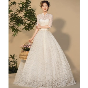 French Lace Stand Collar Long Sleeve A-Line wedding Gown
