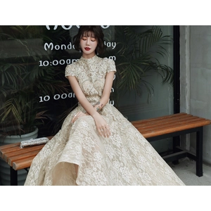 Vintage Golden Lace High Collar Empire Wedding Dress