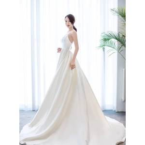 2020 Elegant Satin Sling Trailing A-line Wedding Dress