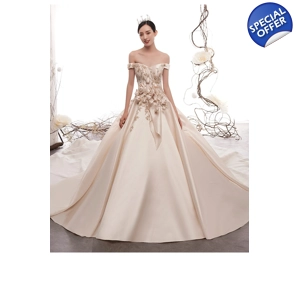 Handmade Off-Shoulder Satin Empire Wedding Gown