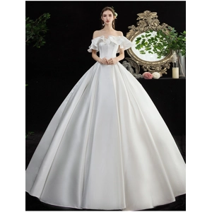 Classic French Satin Off-Shoulder A-line Wedding Gown