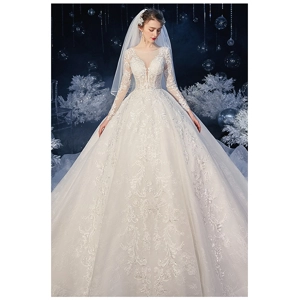 Autumn French White Long Sleeve Empire Wedding Gown