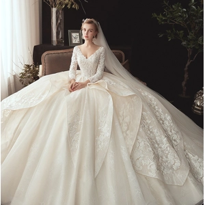 Winter Luxury Ivory Full Beaded Long Sleeve Ruffled Wedding Gown