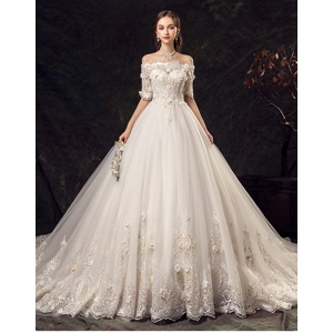 Spring Off-Shoulder Floral Full Beaded High Waist Princess Wedding Gown