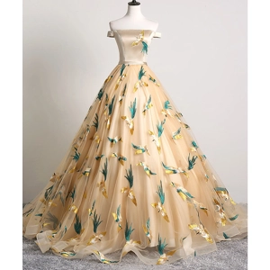 Luxury Noble Silk Satin Handmade Yellow Evening Gown