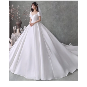Vintage French Satin Short Sleeve Empire Wedding Gown