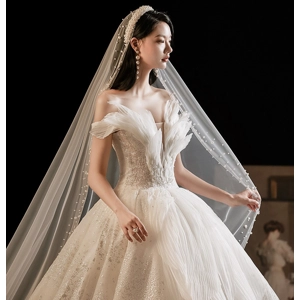 Luxury French Handmade off-Shoulder Full beaded Empire Wedding Gown