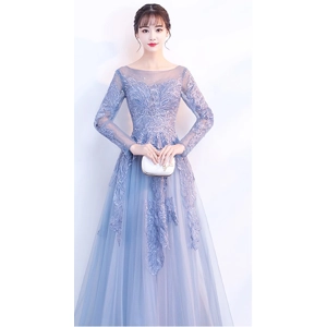 Long-Sleeved Blue Elegant Evening Dress