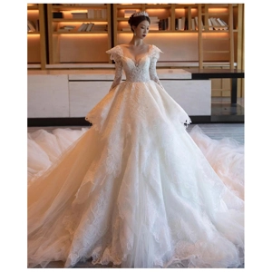 French Lace Pearl Beaded Long Sleeve Ruffled Wedding Ball Gown