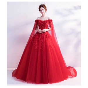 Fairy Rose Red Trailing Cape Evening Gown