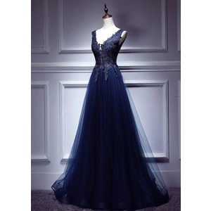 Navy V-neck Evening Dress