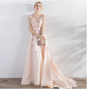 Elegant Handmade Floral Pink Trailing Evening Dress