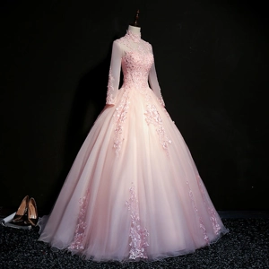 Pink Stand collar Embroidery Stand collar Evening Gown.