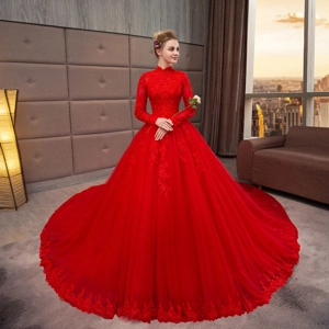 Autumn/winter elegant red long-sleeved stand collar evening gown