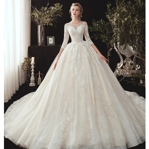 Winter French Lace White Beaded Empire Wedding Gown