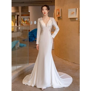 French Satin Long Sleeve Mermaid Wedding Dress