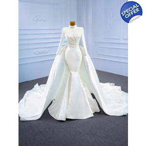 French Satin Pearl Long Sleeve Trailing Mermaid Wedding Gown