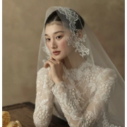 Classic French Lace Long Sleeve  A-Line Wedding Dress
