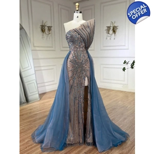 Full Beaded Blue Evening Dress