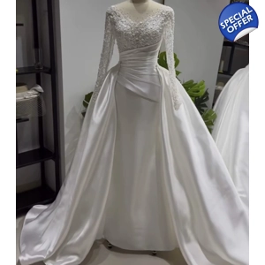 Classic French Satin Long Sleeve A-Line Wedding Gown
