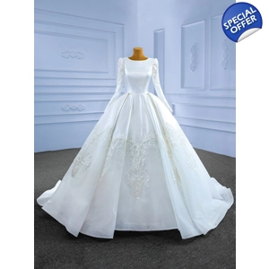 Luxury French Satin Handmade Long Sleeve Wedding Ball Gown