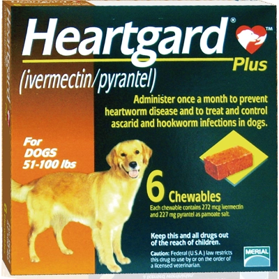 Heartgard Plus Chewables for Dogs 22.7-45.4 kg 51-100 lbs - Brown 6 Pack