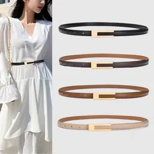 Women Skinny Leather Belt With Gold Metal