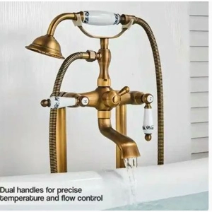 Elegant Dual-Handle Floor-Mount Bathtub Faucet with Handheld Shower